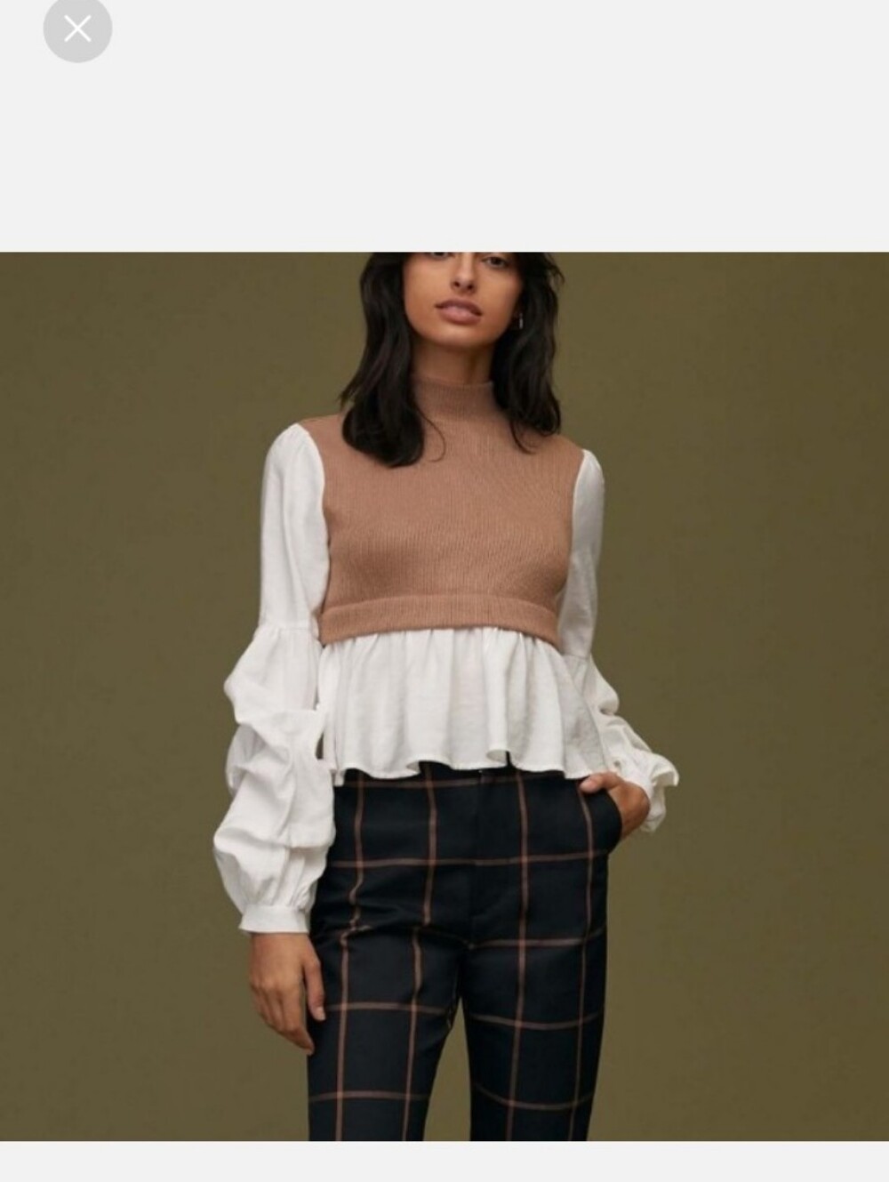 Anthropologie Mixed Media Mock Neck Ruffle Sleeve Peplum Top Tan Medium - Picture 6 of 10